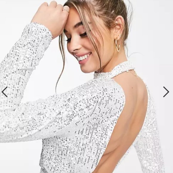 Asos exclusive sequin high neck drape detail mini dress in silver - Picture 3 of 8